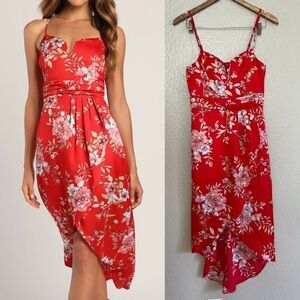 NWOT My Favorite Day Red Floral Print Tulip Skirt Midi Dress